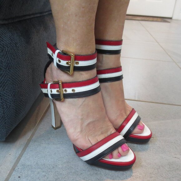 NIB DSQUARED2 Red White and Navy Blue High Heel Platform Sandals - Picture 7 of 10